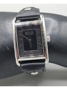 SO&CO New York Madison Women's Quartz Tank Watch Black Leather Cuff Band Silver